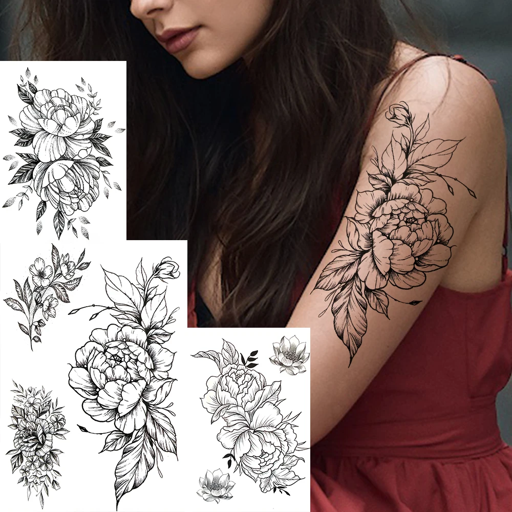 

Black Flower Temporary Tattoo For Women Adultsl Fake Peony Rose Dahlia Lotus Tattoo Sticker 3D Body Art Bouquet Sexy Tatoo Paste