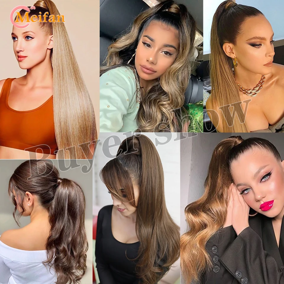 

MEIFAN Corn Wavy Curly/Straight Long Ponytail Synthetic False Hairpiece Wrap Around on Clip in Hair Extensions Ombre Pony Tail