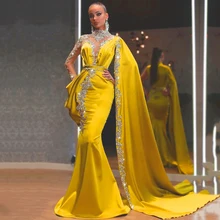 LORIE – robe de soirée de forme sirène, luxueuse tenue de soirée à perles, avec Cape, manches longues, en Satin, pour fête, célébrité de dubaï, 2021  (1)