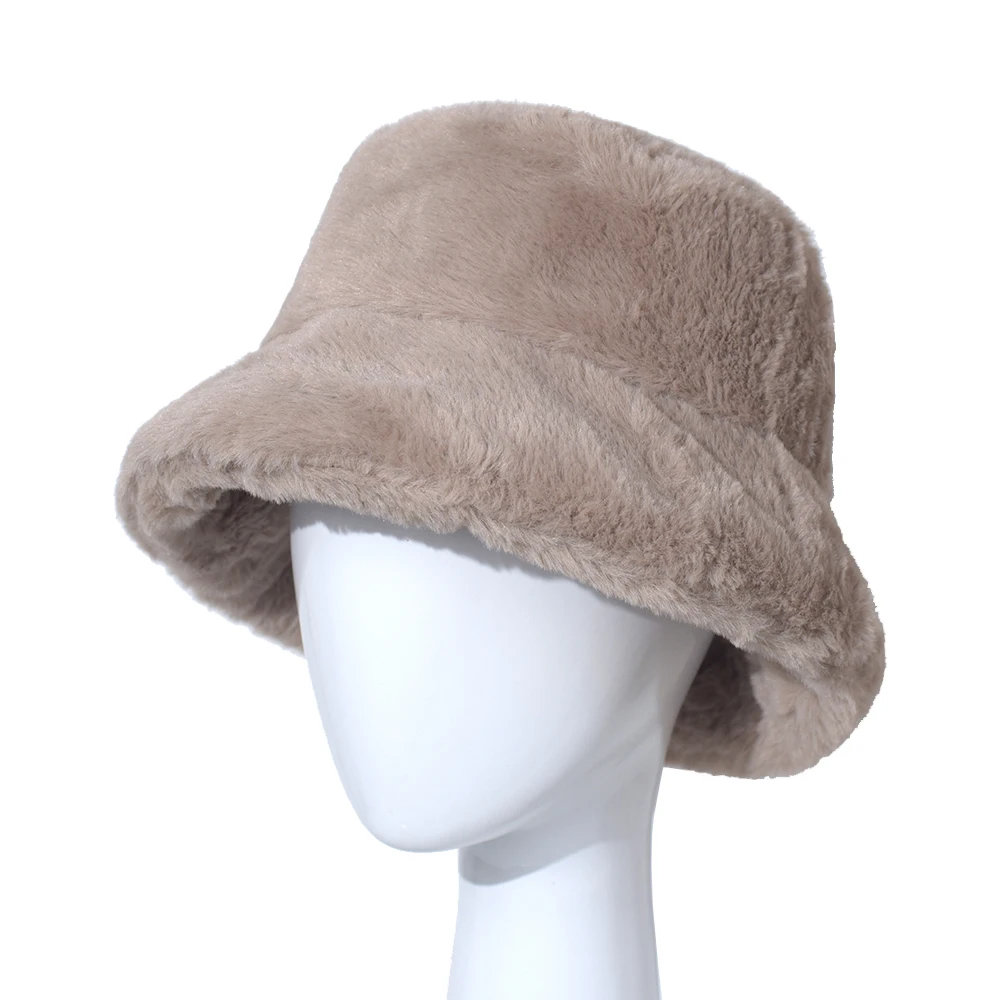

Faux Fur Bucket Hat Winter Warm Soft Solid Thick Plush Bucket Hat Men Women Outdoor Fishing Caps Flat Top Panama Hats