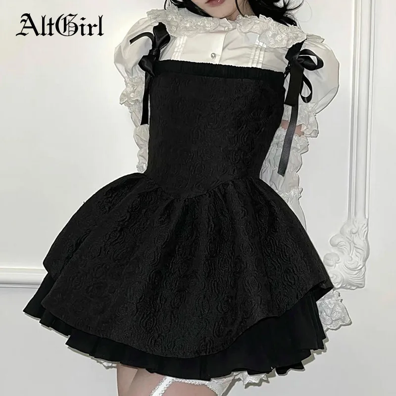 

AltGirl Fairycore Lolita Dress Women Aesthetic Vintage Dark Gothic Lace Up High Waist Dress Streetwear Harajuku Y2k Goth Outfits