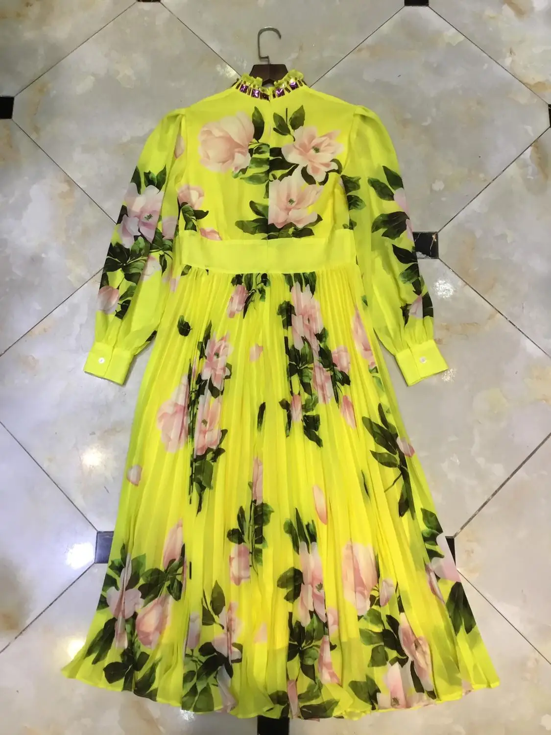 

New Year Eve Prom Dress Lady Long Sleeves Stand Collar Yellow Floral Print Mid Malf Length Holiday Dress