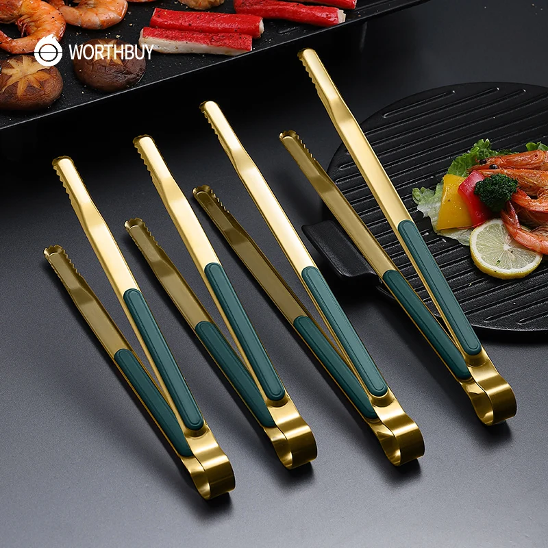 

WORTHBUY Gold Stainless Steel Food Tongs Non-Slip Serving Tongs For BBQ Meat Salad Bread Kitchen Accessories Cooking Utensils