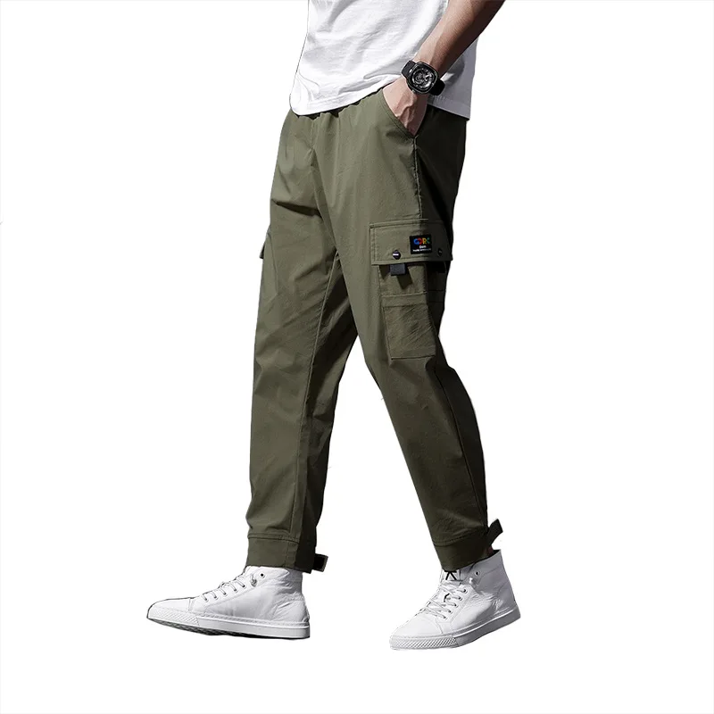 

2021 summer trendy brand personality multi-pocket men's casual solid color micro-elastic loose straight-leg overalls