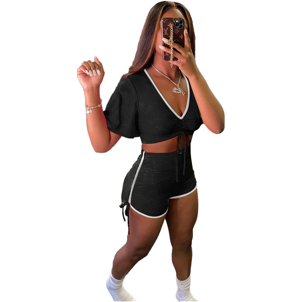 

S-XL summer 2021 two piece set women outfit Solid Sexy printed V neck tie short sleeved top and shorts Wholesale Dropshipping