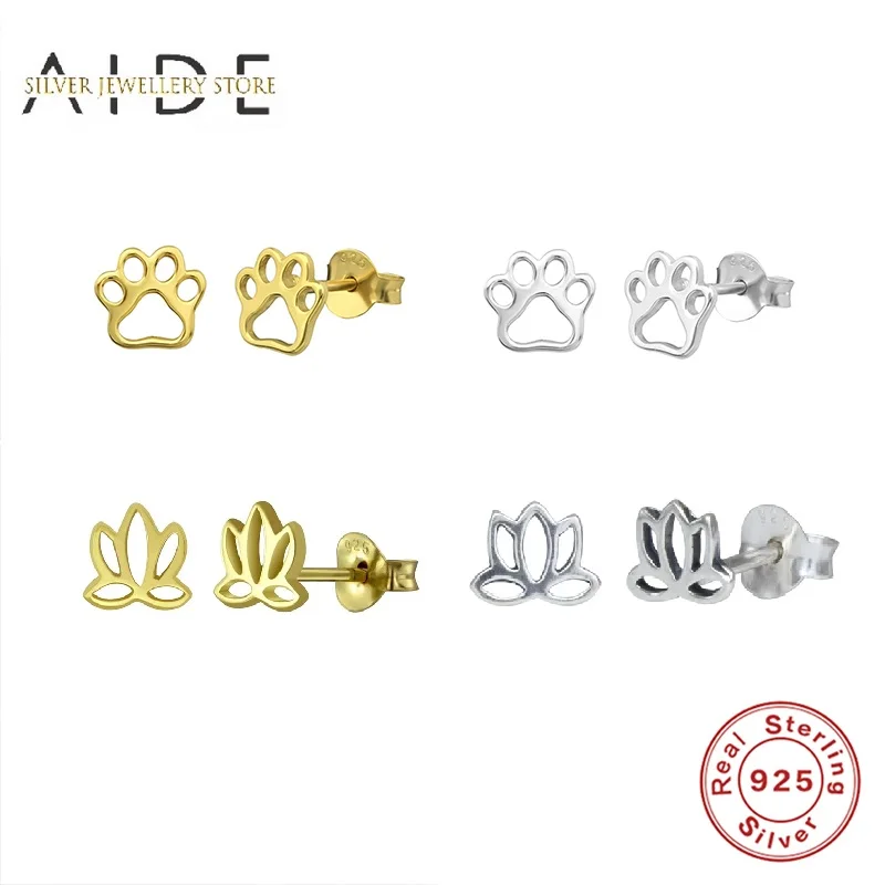 

AIDE 925 Sterling Silver Stud Earrings For Women Trendy INS Gloosy Hollow Dog Cat Paw/Flower Piercing Earings Jewelry kolczyki