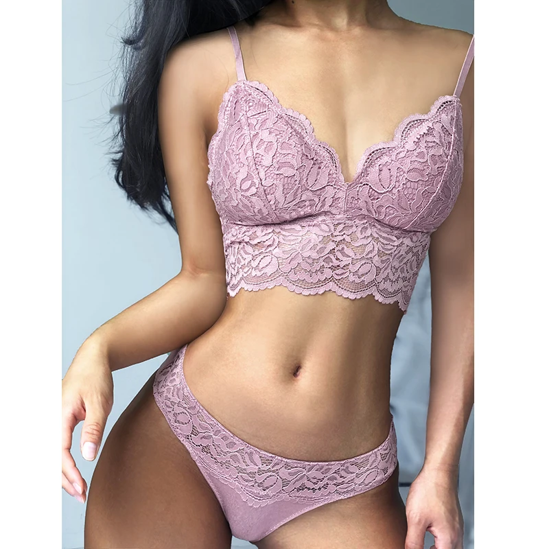 

Wriufred Thin lace bra with underpants set comfortable triangle full cup underwear set women sexy wirefree lingerie