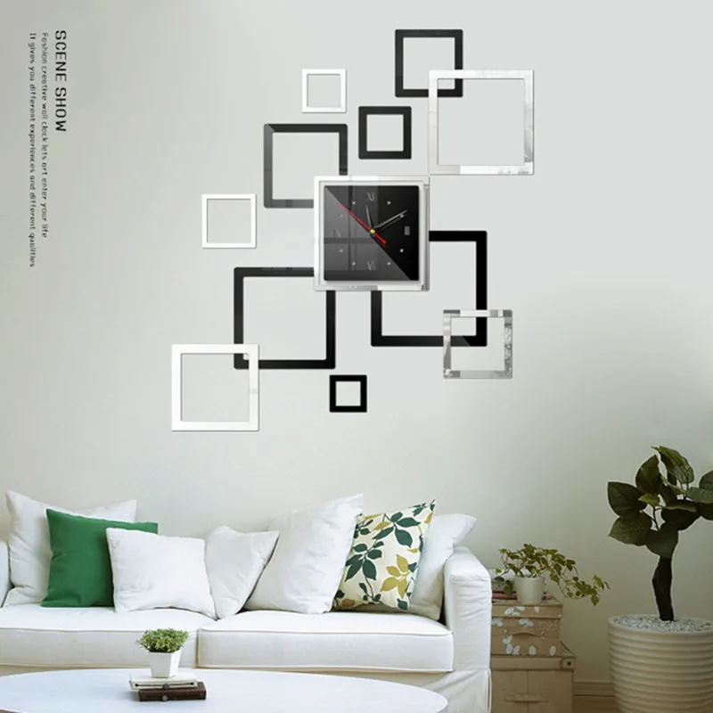 Зеркальные настенные часы 3D сделай сам современный дизайн квадратная форма с