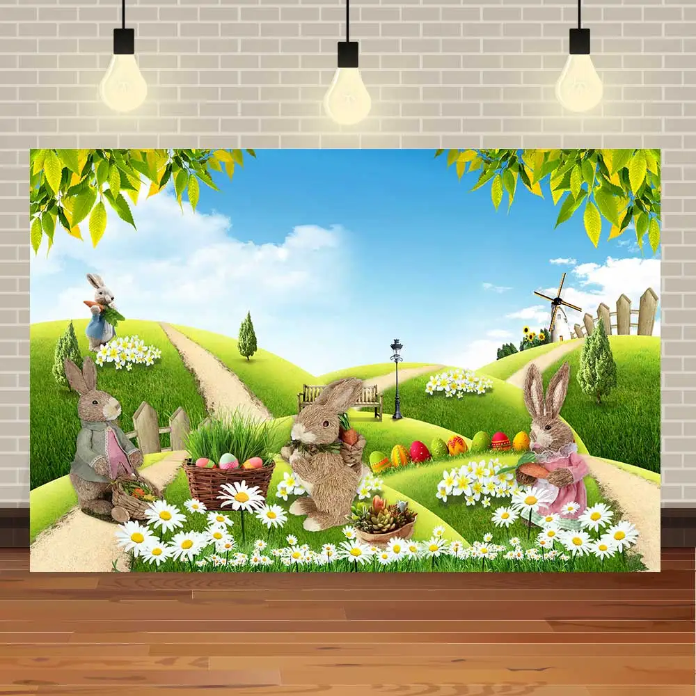 

Фон для фотосъемки с изображением Пасхальных Кроликов цветов холмов весенних кроликов яиц