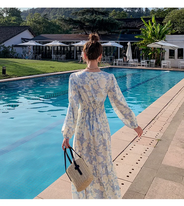 

Kimotimo Women Floral Long Dress Holiday Style Chic V-neck Temperament Design Ladies Dress 2021 Summer Fashion Elegant Clothes