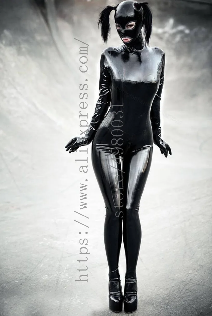 Sexy women's full cover latex catsuit  attached hood mask also hair hole in black with silver color