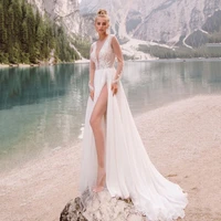thinyfull sexy side slit a line wedding dresses o neck long sleeve bride dresses backless tulle lace appliques bridal gown 2020