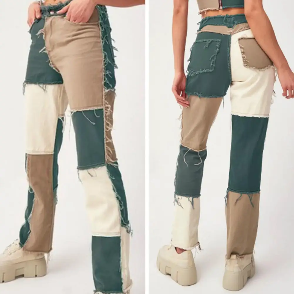 

Fashion Women Jeans Patchwork High Waist Belt Slim Jeans Straight Denim Pencil Pants Women Clothing Street Wear