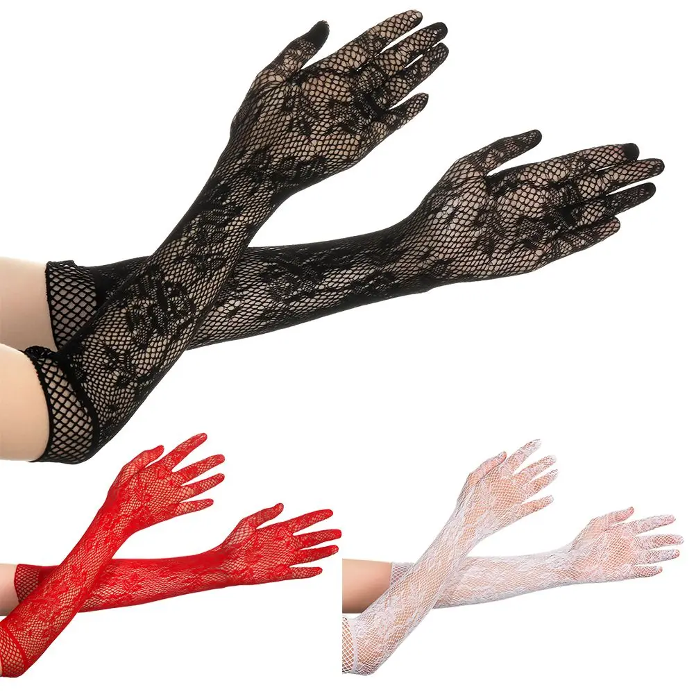 

A Pair of Ladies Stretchy Mesh Floral Long Fancy Dress Lace Gloves Gothic Punk Mittens Christmas Halloween Gloves