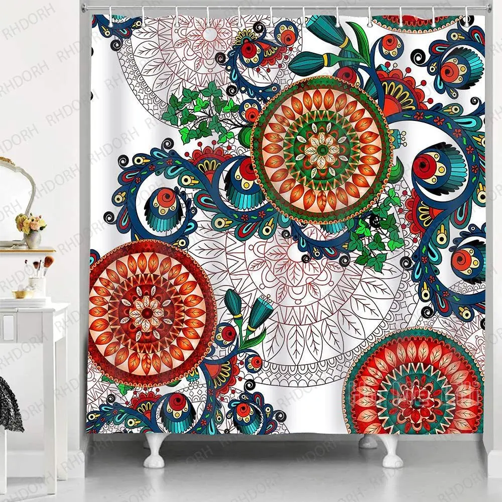 

Bohemian Flower Shower Curtain Spring Plant Mandala Illustration Indian Art Bathroom Decoration Set with 12 Hooks