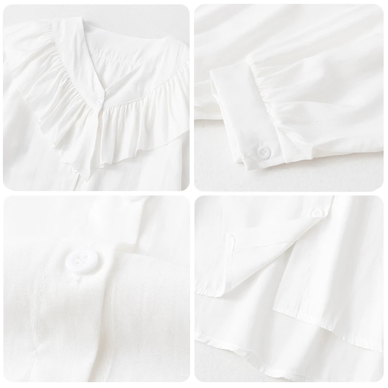 

2021 Spring Ruffles Chiffon Blouses Women Long Sleeve Shirts Solid Peter Pan Collar Casual White Tops Female Blusas #H10