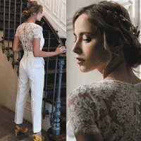 lace applique jumpsuits white wedding dress for women 2021 custom made v neck elegant ivory pants for weddings robe de mariee