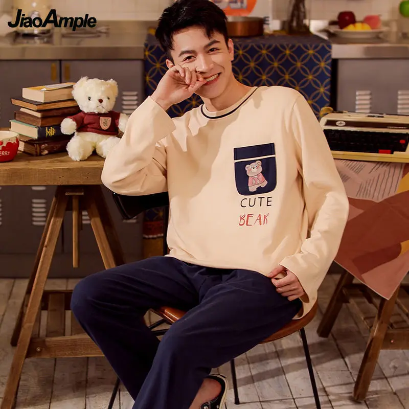 Pajamas Men's Cotton O-Neck Long-sleeved Trousers Pijamas Two-piece 2022 New Autumn Winter Cute Cartoon Homewear Sleepwear Set