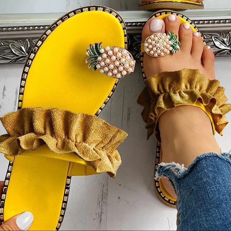 

Women Slipper Pineapple Pearl Flat Toe Bohemian Casual Shoes Beach Sandals Ladies Shoes Platform Sandalias De Mujer 2020