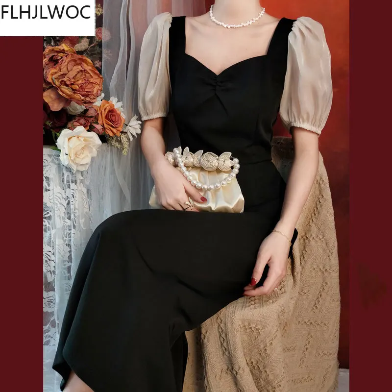 

Puff Sleeve Feminine Vestidos Fashion Women Fashion Short Sleeve Elegant Office Lady Work Long Maxi Dress