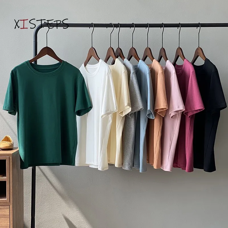

Basic Cotton T-shirts For Women 2021Summer Solid Short Sleeve Female Tees Green Blue Orange Ladies Friends Tops Harajuku Clothes