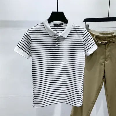 

Men's round neck striped knitted T-shirt half-sleeved skinny short-sleeved social tide brand T-shirt