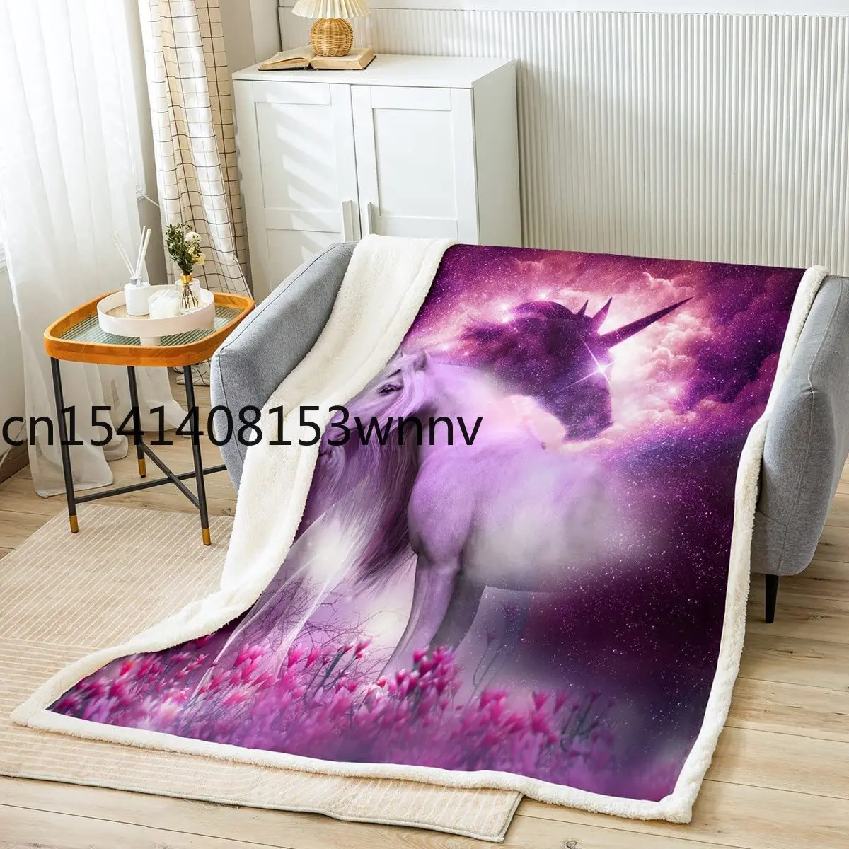

Horse Sherpa Blanket Galaxy Magical Unicorn Fleece Throw Blanket Decor Cute Cartoon Wild Animals Plush Blanket Red Flowers