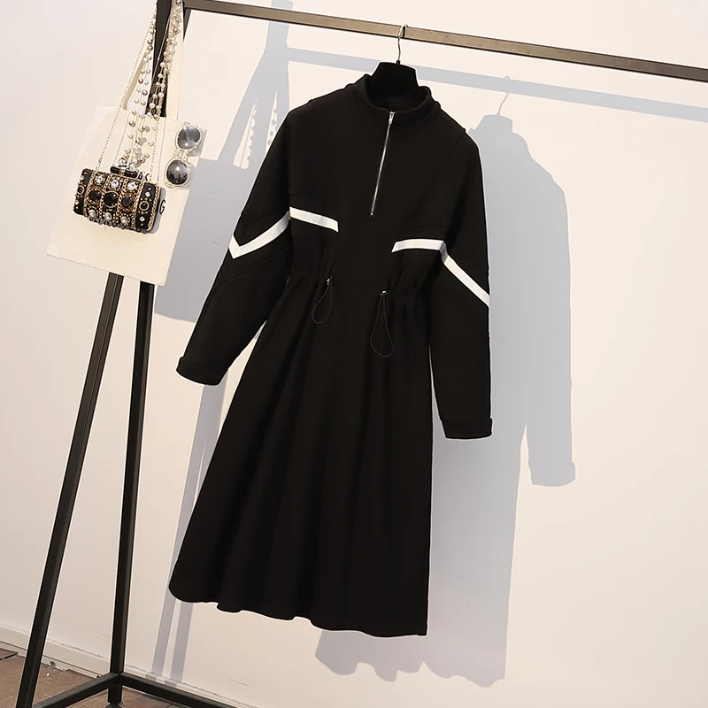 Большие размеры, XL-5XL, модное Спортивное платье, женские толстовки контрастного цвета, с длинными рукавами, Осень-зима, ТРАПЕЦИЕВИДНОЕ черно-белое платье, спортивная одежда