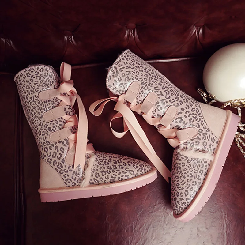 Pink leopard UVWP; ; Лидер продаж; женские зимние сапоги; высокие сапоги из натуральной кожи; теплые зимние сапоги; женская обувь - Цвет: Pink leopard
