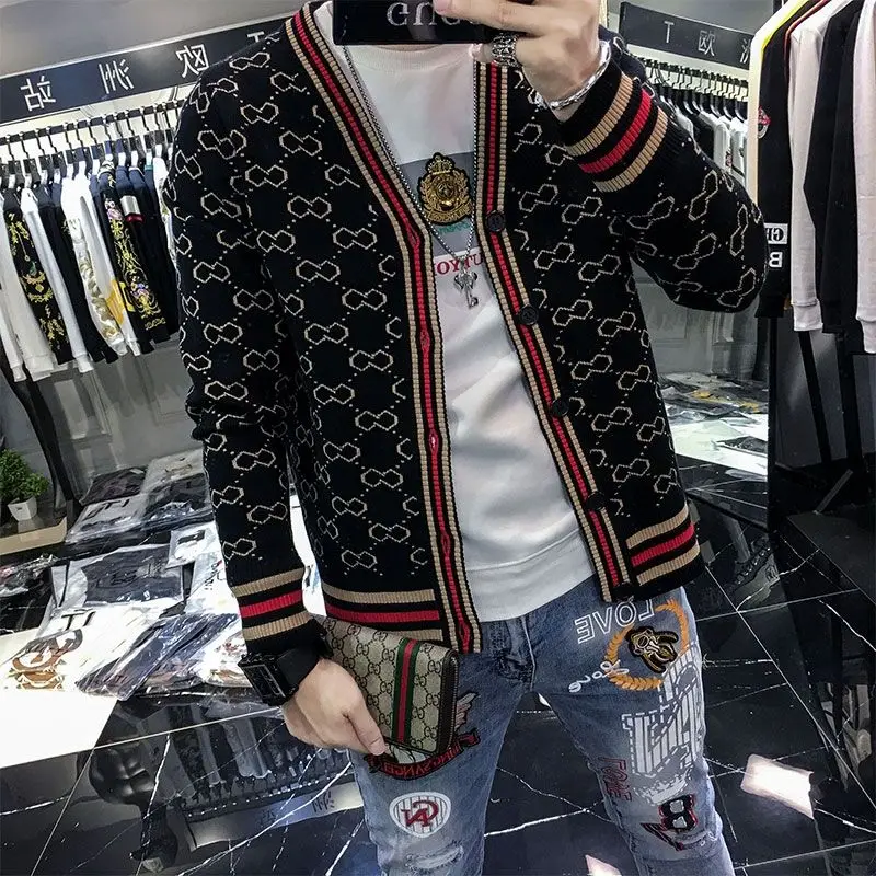 

2021 Plaid Sweater Jacket Men 's Cardigan Fashion Sweater Spring and Autumn New Men 's Fashion Long-Sleeved British Style Jacket