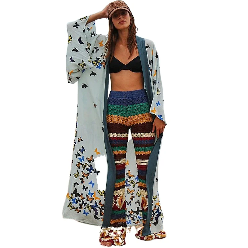 Women's Bikini Cover Up Cotton Butterfly Print Stitching Cardigan Summer Beach Sunscreen Elegant Swimsuit Cover Up Dress Robe knot banana leaf print cover up dress