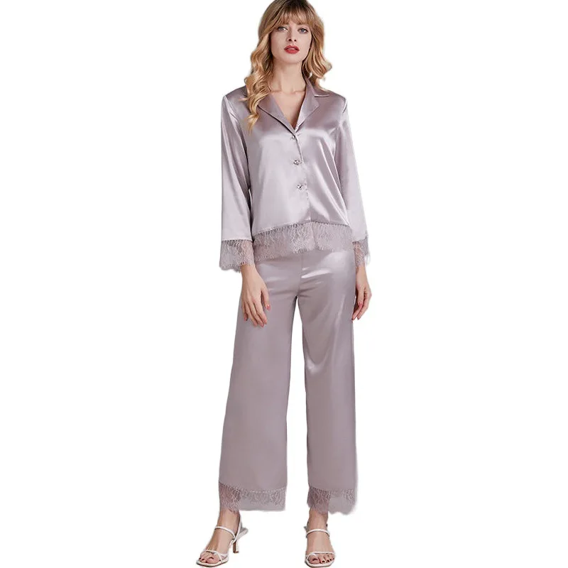 

Hot Sale Solid Women Pajamas Silk Underwear Autumn V Neck Satin Home Clothes Loungewear Long Sleeve Soft Luxury Letter Pajamas