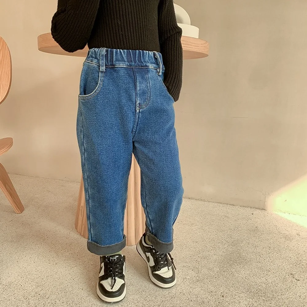 

Зимние Детские теплые джинсы унисекс, Детские флисовые джинсовые брюки свободного кроя для мальчиков и девочек