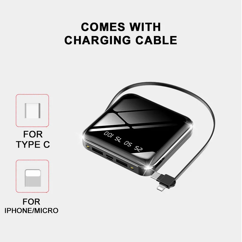 CASEIER Power Bank 10000 мАч для iPhone портативное зарядное устройство с кабелем LED зеркало
