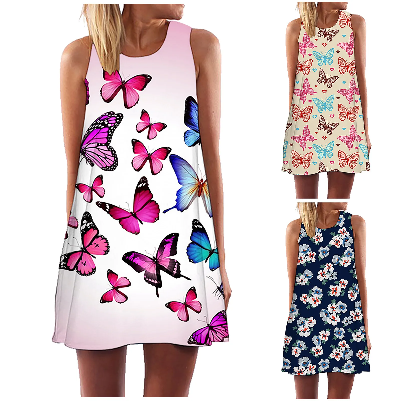 

40# Women Butterfly Printed Tank Dress Casual Sleeveless Knee-length Dresses O-neck Plus Size Summer Dress 2021loose Sundress