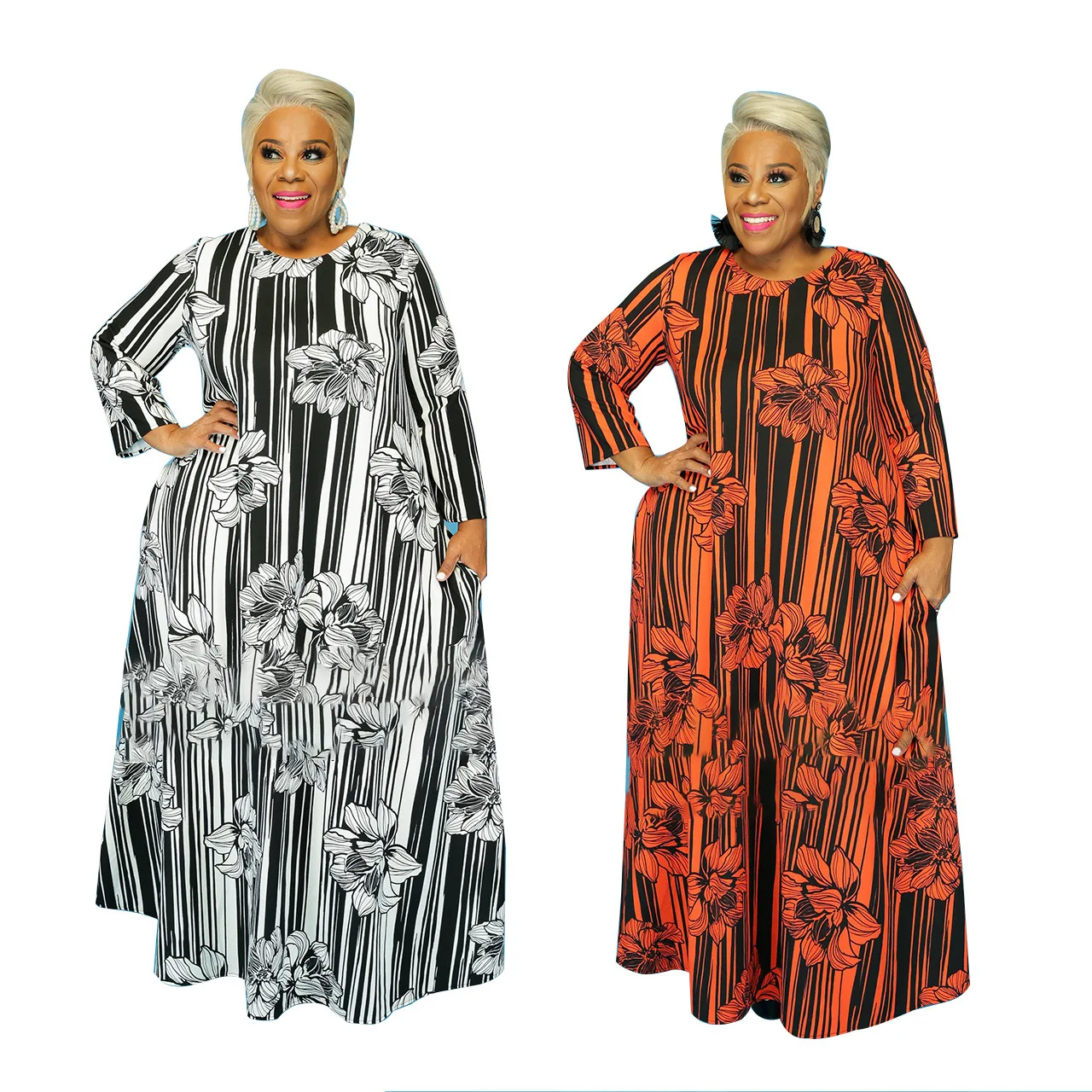 

African Style Long Flower Print Personality Women's Dress Knitted Fabric Lapel Temperament Commuter Dress