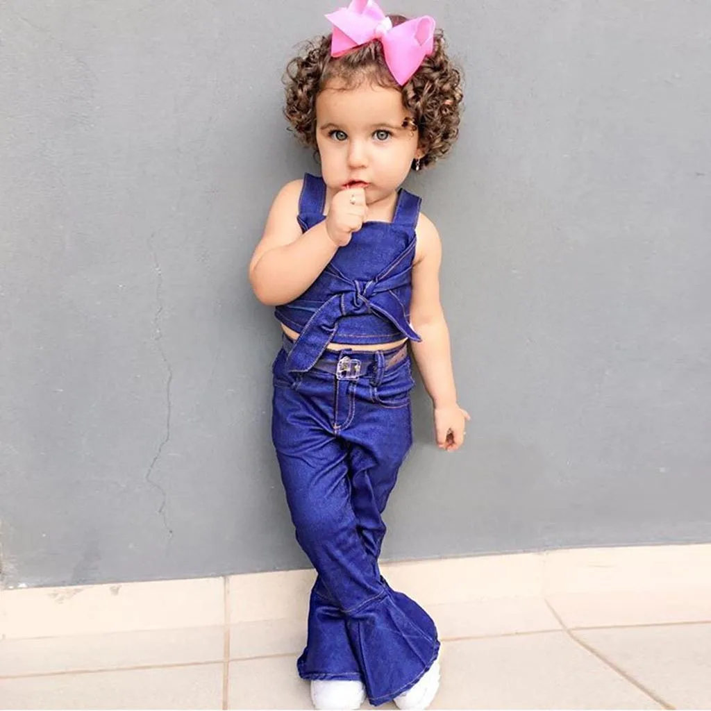 2019 новый комплект модной одежды для маленьких девочек джинсовая рубашка с бантом