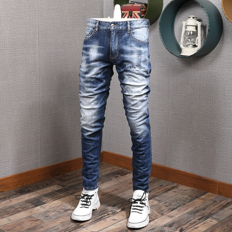 Italian Brand Vintage Fashion Men Jeans Retro Blue Slim Fit Ripped Jeans Men Streetwear Painted Designer Hip Hop Denim Pants