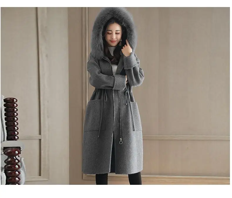 

Office Lady Zippers Women Long Wool Blend Coat Turn-down Collar Cashmere Jacket Pockets Solid Ladies Coats