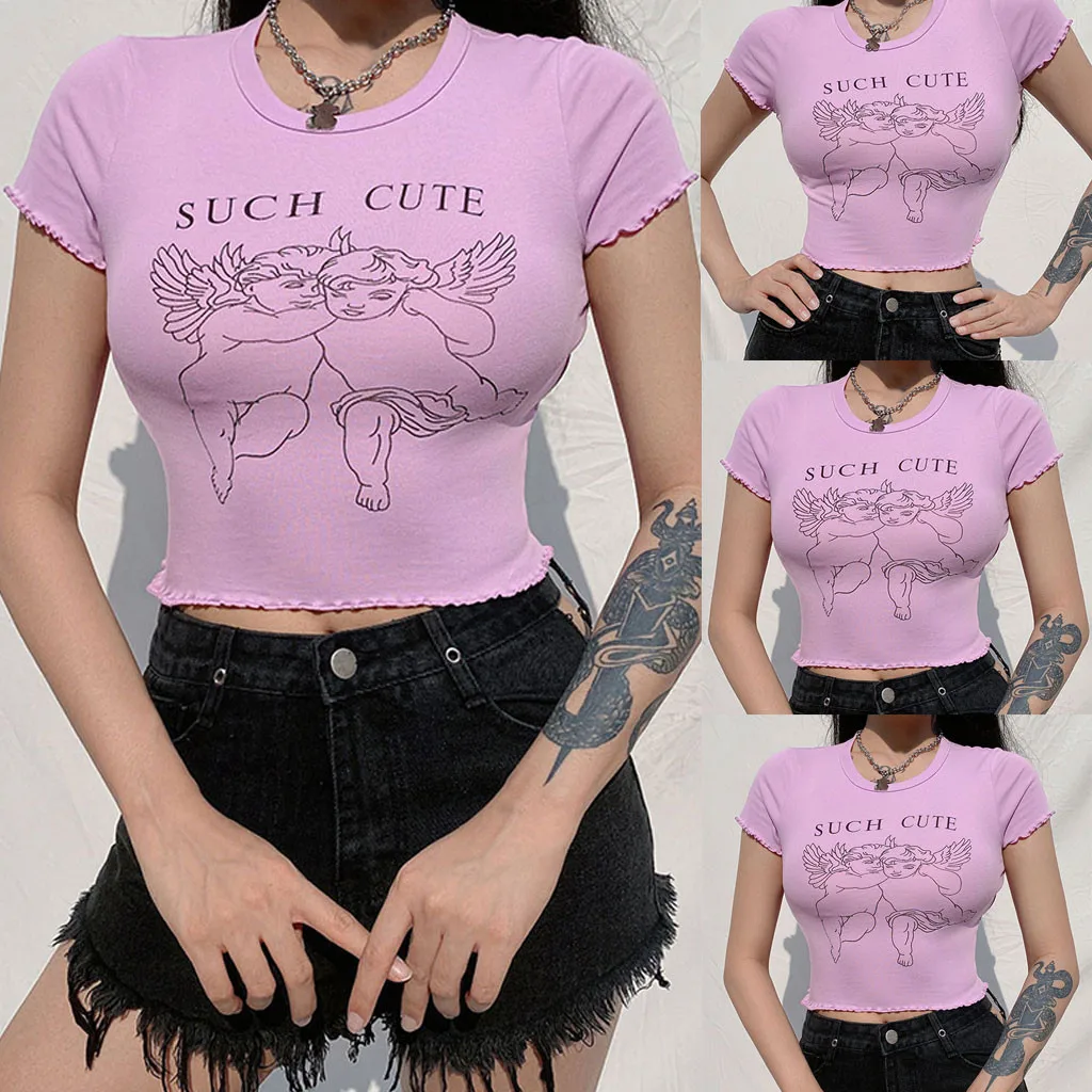 Женская футболка с круглым вырезом коротким рукавом оборками и воланом милые