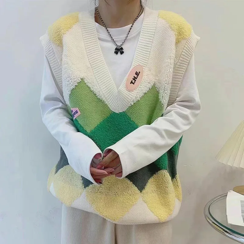 

Chaopai 2022 Spring College Lazy Wind Fur Vests Loose Green Diamond Lattice Sweater Women's Wear Heated Argyle Knit Vest Woman
