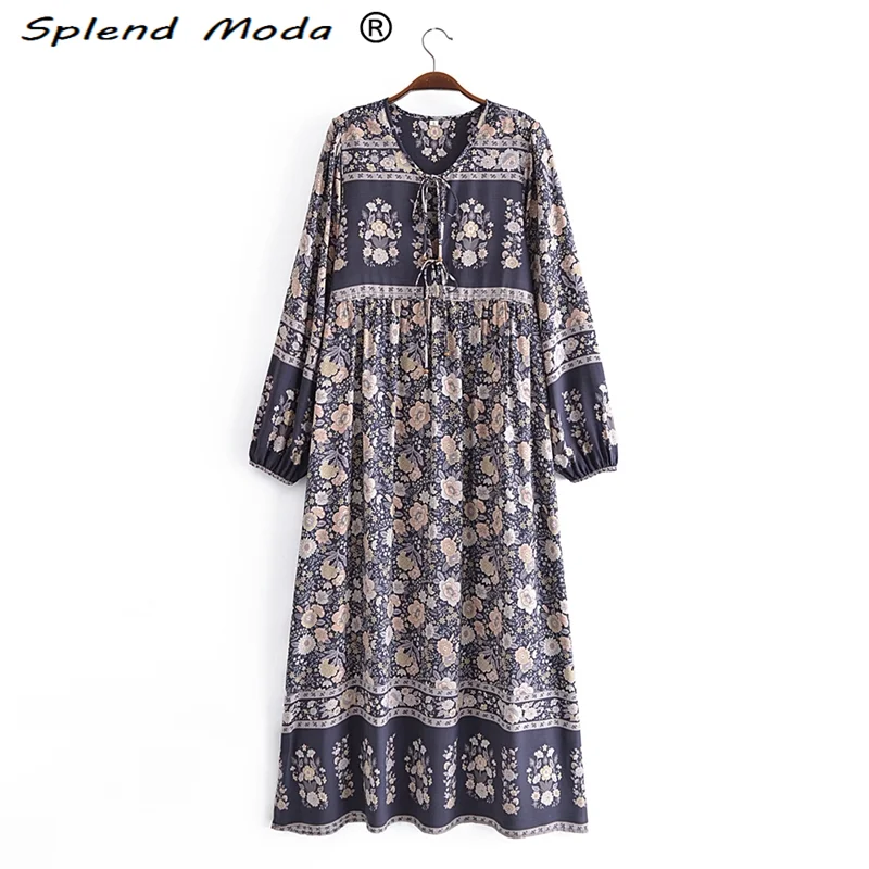 

Splend Moda New Autumn Spring Holiday Chic Vintage Floral Printed Loose Cotton Long Dress Women Boho Long Sleeve Dresses Female