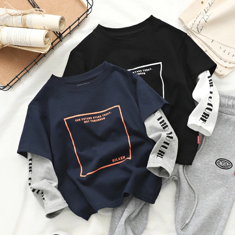 

100-140cm height new autumn false two pieces letter patchwork boys fashion cotton t-shirt boys spring autumn clothing