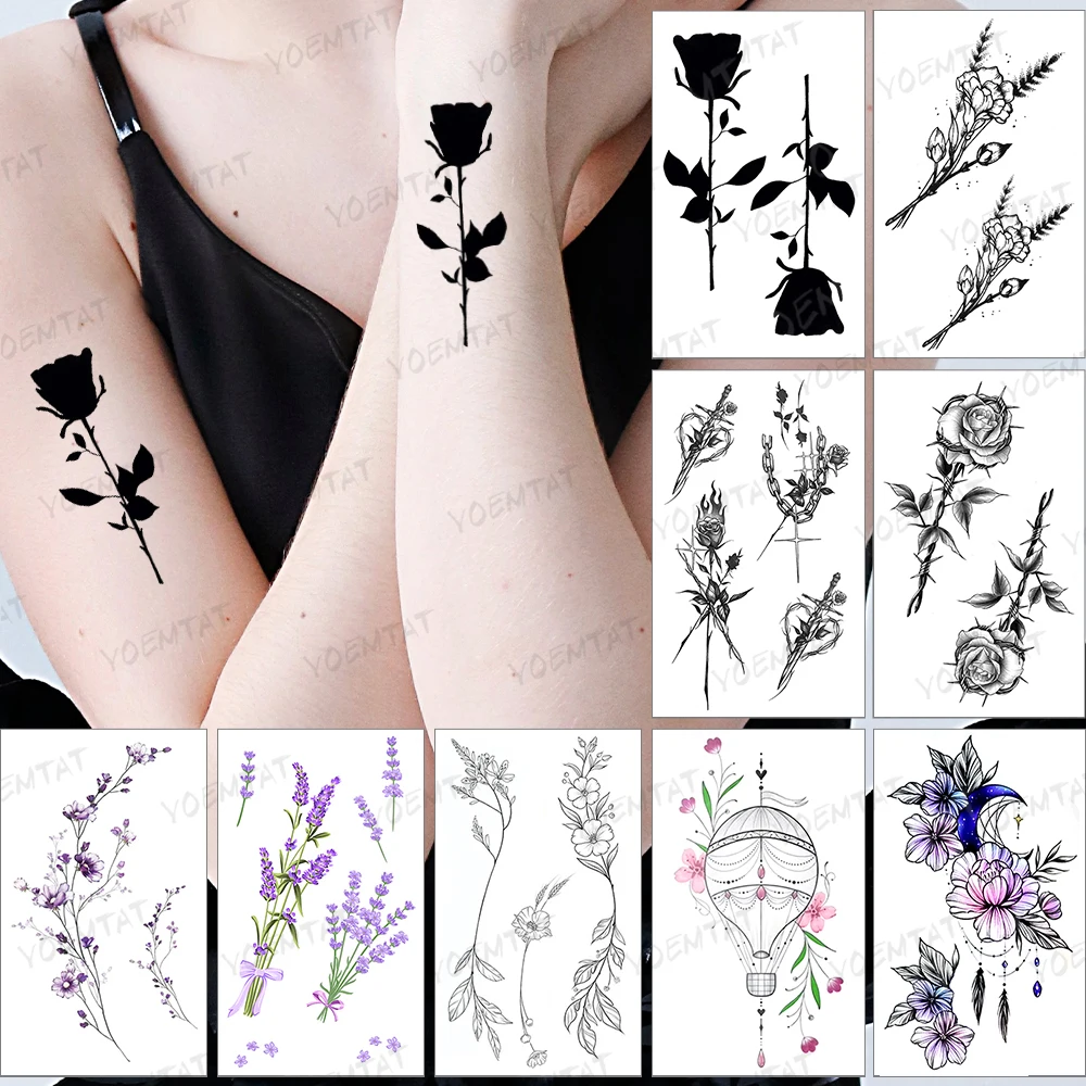 

Waterproof Temporary Tattoo Sticker Black Rose Flower Tatoo Dark Wind Ink Arm Woman Man Child Tatto Fake Flash Body Art Tattoos