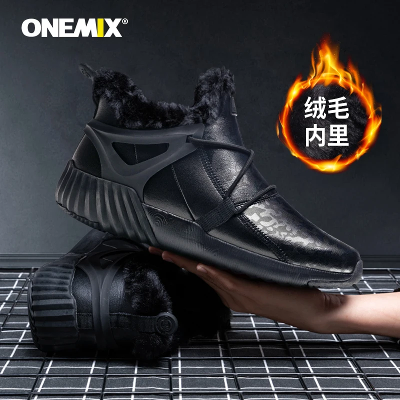 ONEMIX Winter Men Running Shoes Warm Slip On Shoes Men Sneakers Soft Fur Outsole Leather Outdoor Jogging Walking Shoes Snow Boot