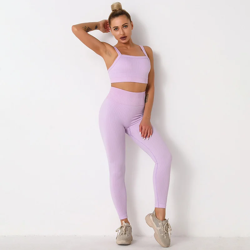 

ASHEYWR Seamless Fitness Sets Women Solid Stripe Push Up Bra Set High Elastic Breathable Workout Two-Piece Suit Female Skinny