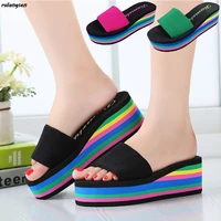 21 summer womens shoes new korean style flip flops thick soled high heeled rainbow sponge cake wedges sandals womens slippers