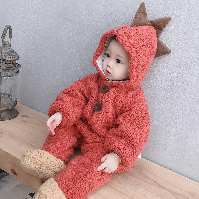 

Toddler Baby Clothes Winter Rompers For Boys Girls Cute Dinosaur Shapes Hooded Jumpsuits Coat Warm Soft Cotton Outerwear