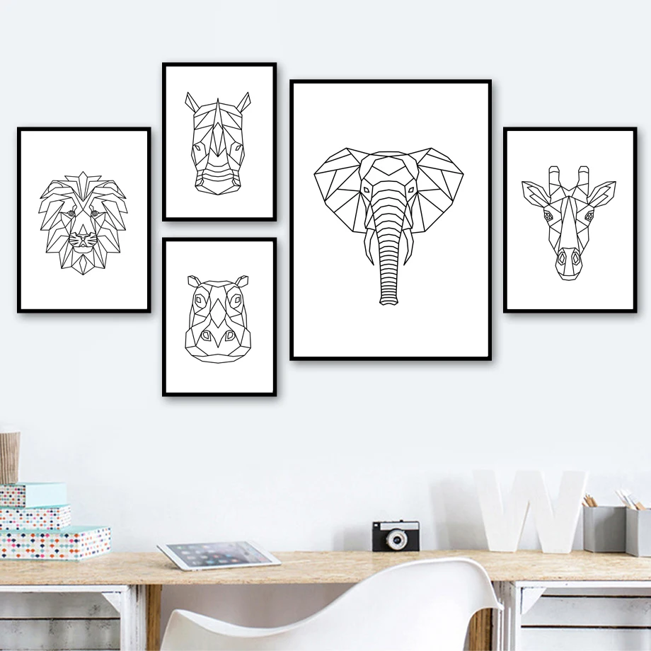 Настенная Картина на холсте в виде слона жирафа бегемота Геометрические линии