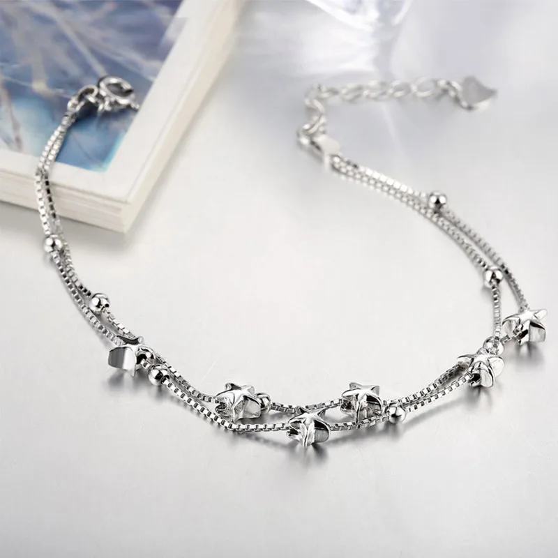 Браслет женский из серебра 925 пробы с двухслойными бусинами-звездами | Украшения